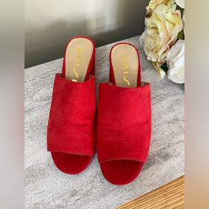 Unisa Bright Red Faux Suede Open Toe Block Heel Sandals, Size 6.5